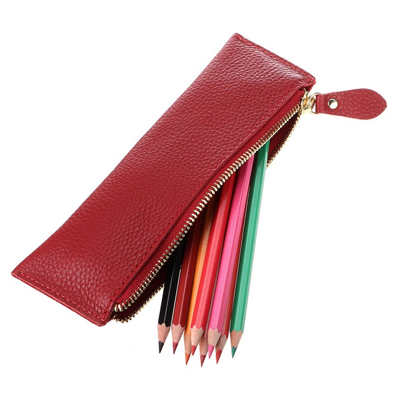 BTSKY Genuine Leather Pencil Case - Zippered Pen Case Stationery Bag Zipper Pouch Pencil Holder (Red) - Image 2